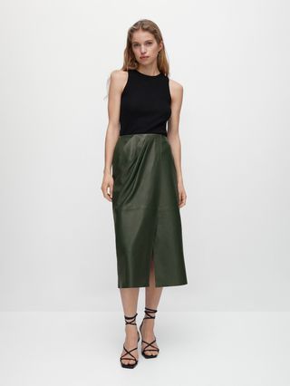 Massimo Dutti + Long Nappa Leather Skirt With Gathered Detail