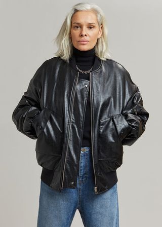 The Frankie Shop + Hane Faux Leather Bomber in Black