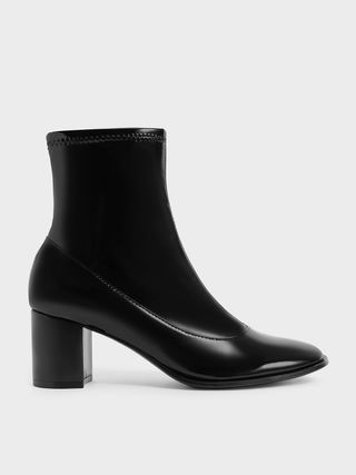 Charles & Keith + Black Patent Block Heel Side-Zip Ankle Boots