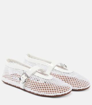 Alaïa + Leather-Trimmed Fishnet Ballet Flats in White