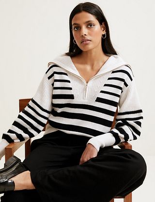 Marks & Spencer + Striped Zip Up Jumper With Wool