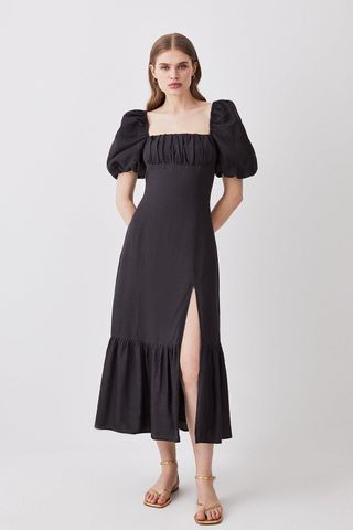 Karen Millen + Linen Viscose Puff Sleeve Midi Dress
