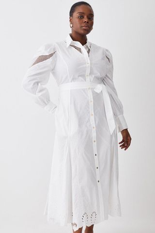 Karen Millen + Plus Size Cotton Cutwork Midi Shirt Dress