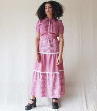 Vintage + 1970s Dusty Pink Prairie Dress With Huge Dagger Collar