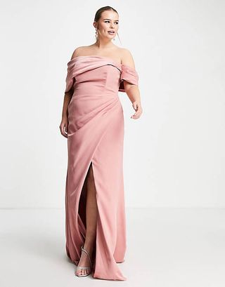 ASOS + Edition Curve Satin Bardot Drape Wrap Maxi Dress in Dusky Rose