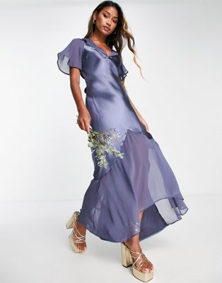 Topshop + Bridesmaid Mixed Fabric Angel Sleeve Dress in Navy