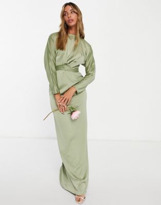 ASOS + Bridesmaid Maxi Dress With Batwing Sleeve and Wrap Waist in Satin in Olive