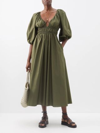 Matteau + Plunge-Front Shirred-Cotton Midi Dress