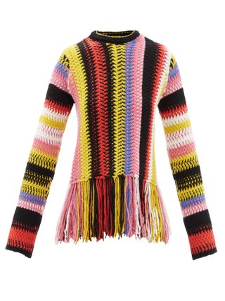 Chloe + Fringed Striped Cashmere-Blend Macramé Sweater