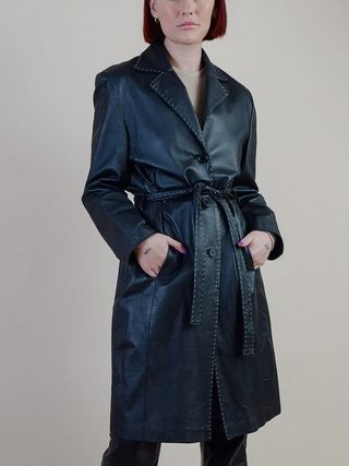 Vintage + Black Leather Long Tie Coat