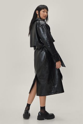 Nasty Gal + Faux Leather Croc Embossed Belted Trench Coat