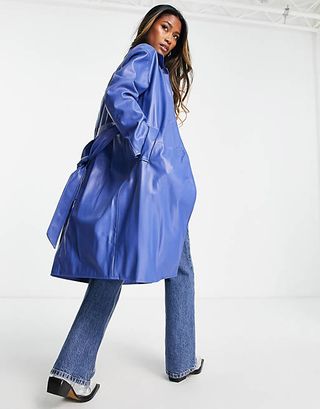 Bershka + Faux Leather Trench Coat in Bright Blue