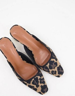 ASOS + Sweet Pea Square Toe Mid Heeled Mules in Leopard