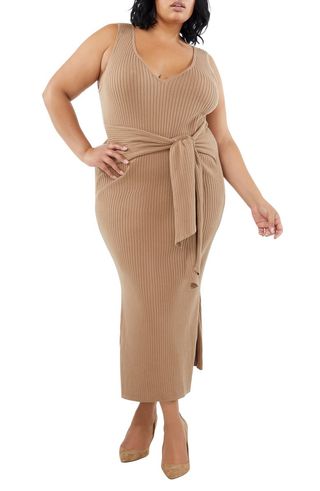 Good American + Rib Knit Tie Waist Midi Dress