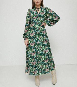 Warehouse + Petite Tie Neck Midi Tea Dress In Floral