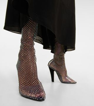 Saint Laurent + Embellished Mesh Knee-High Boots