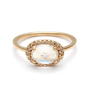 Anna Sheffield Jewelry + Pavé Amulet Ring Yellow Gold, Rainbow Moonstone & Champagne Diamond