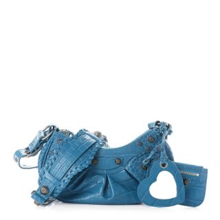 Balenciaga + Supple Calfskin Crocodile Embossed Le Cagole Shoulder Bag XS Blue