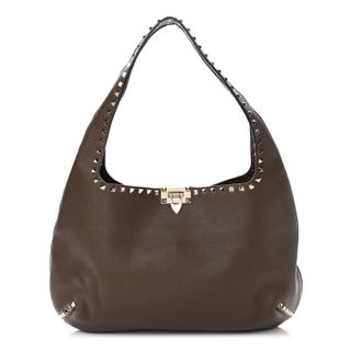 Valentino + Pebbled Calfskin Small Rockstud Flip Lock Hobo Brown