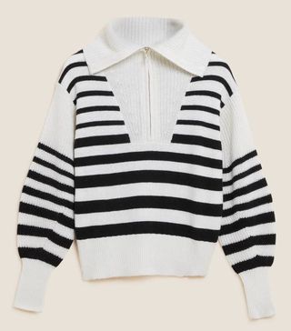 Marks and Spencer + Striped Zip Up Jumper With Wool