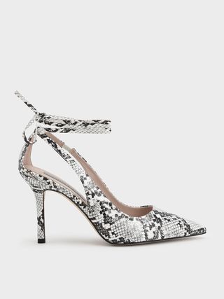 Charles & Keith + White Snake-Print Lace-Up Stiletto Pumps