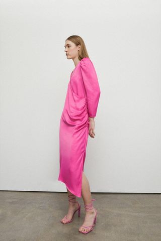 Warehouse + Satin Long Sleeve Wrap Midi Slip Dress