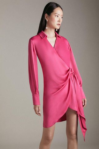 Karen Millen + Viscose Satin Crepe Wrap Shirt Dress