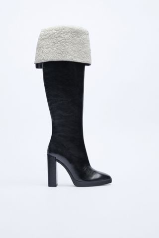 Zara + Over-the-Knee Leather Boots With Faux Shearling Lining