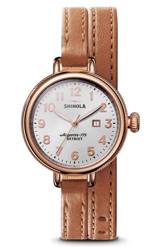 Shinola + The Birdy Double Wrap Leather Strap Watch 34mm