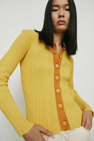 Warehouse + Rib Knit Jumper With Contrast Placket