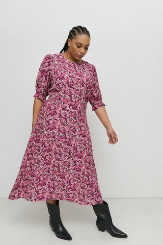 Warehouse + Plus Shirred Cuff Midi Dress in Floral