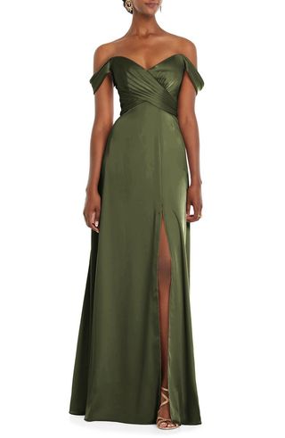 Dessy Collection + Off the Shoulder Satin Gown