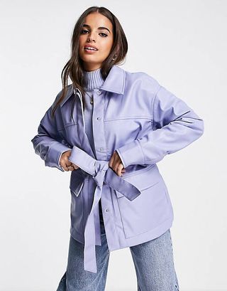 Monki + Faux Leather Jacket With Tie Waist