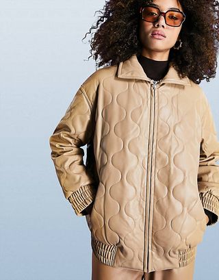 Asos Design + Leather Look Quilted Bomber Jacket