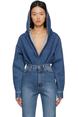 Alaïa + Blue Washed Denim Hooded Bodysuit