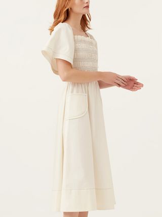 Mirla Beane + Short Sleeve Shirred Dress Cream