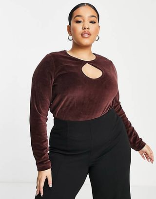ASOS Design + Top in Long Sleeve With Keyhole in Velour in Brown