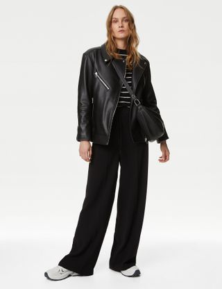 M&S Collection + Crepe Elasticated Waist Wide Leg Trousers