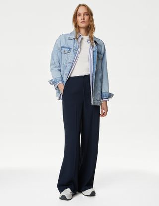 M&S Collection + Crepe Elasticated Waist Wide Leg Trousers