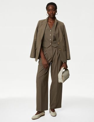 M&S Collection + Pinstripe Pleat Front Wide Leg Trousers