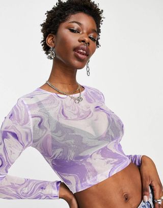 Noisy May + Mesh Long Sleeve Swirly Abstract Print Crop Top