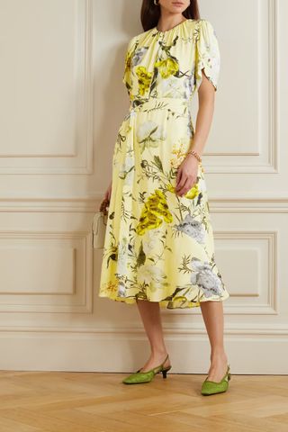 Erdem + Laurelle Belted Gathered Floral-Print Crepe De Chine Midi Dress