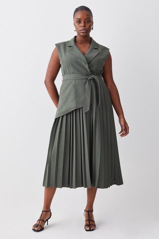 Karen Millen + Plus Size Military Pleat Sleeveless Midi Dress