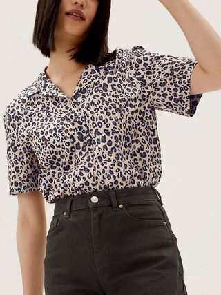 M&S Collection + Pure Cotton Animal Print Collared Blouse