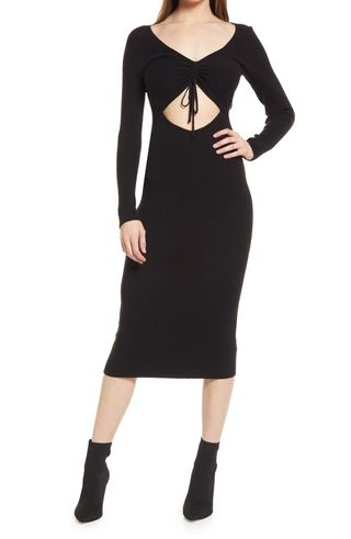 All in Favor + Gathered Front Cutout Long Sleeve Rib Midi Dress