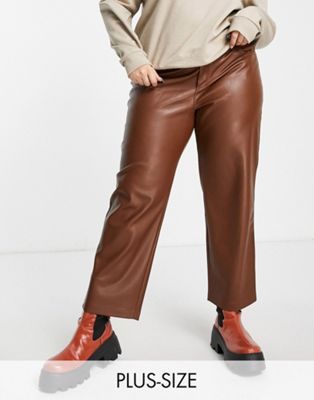 Mango + Mango Curve Faux Leather Straight Leg Trousers in Brown