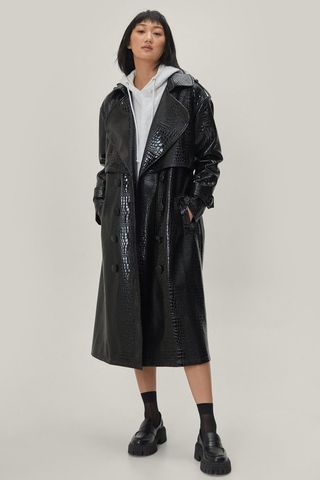 Nasty Gal + Faux Leather Croc Embossed Belted Trench Coat