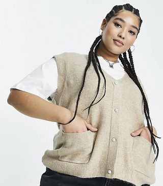 Only Curve + Pearl Button Lightweight Knitted Vest in Camel