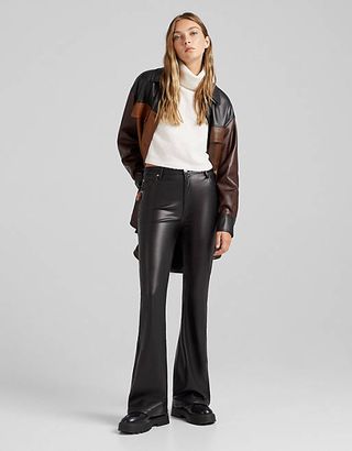 Bershka + Flare Faux Leather Trouser in Black