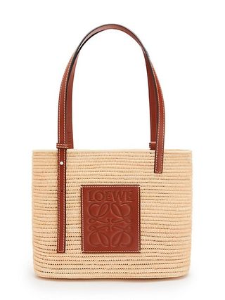 Loewe + Small Square Leather-Trimmed Raffia Basket Bag